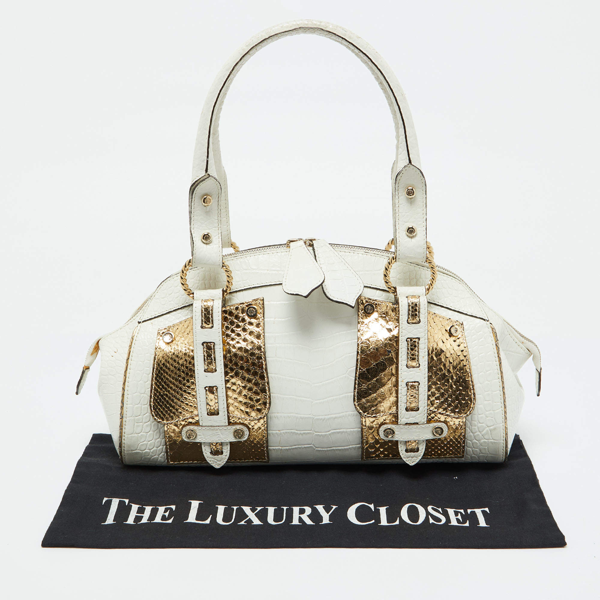 مملوكة مسبقًا Roberto Cavalli White/Gold Croc Embossed Leather and Snakeskin Satchel