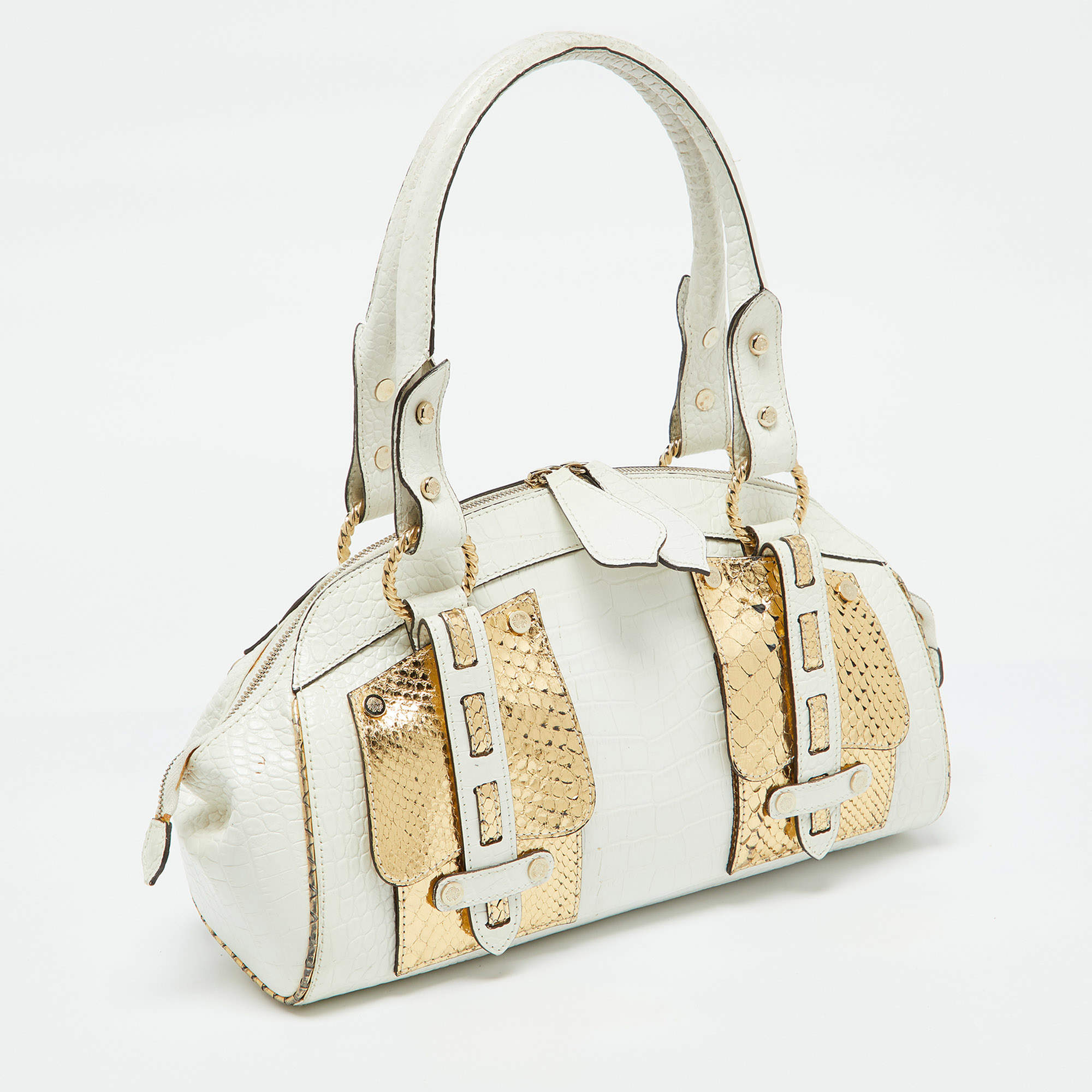 مملوكة مسبقًا Roberto Cavalli White/Gold Croc Embossed Leather and Snakeskin Satchel