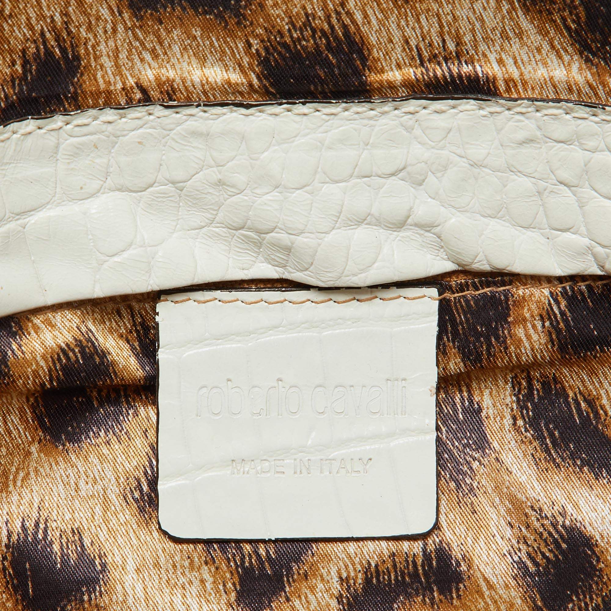 مملوكة مسبقًا Roberto Cavalli White/Gold Croc Embossed Leather and Snakeskin Satchel