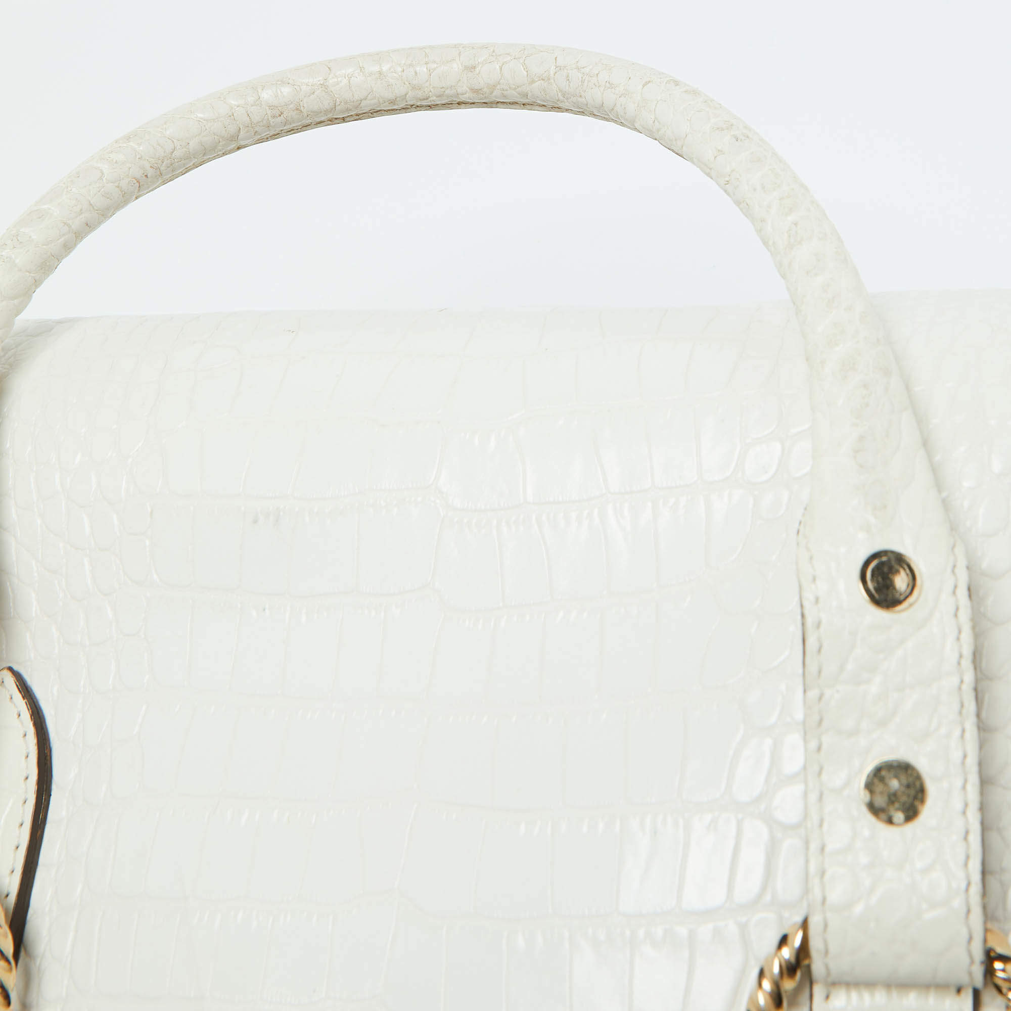 مملوكة مسبقًا Roberto Cavalli White/Gold Croc Embossed Leather and Snakeskin Satchel