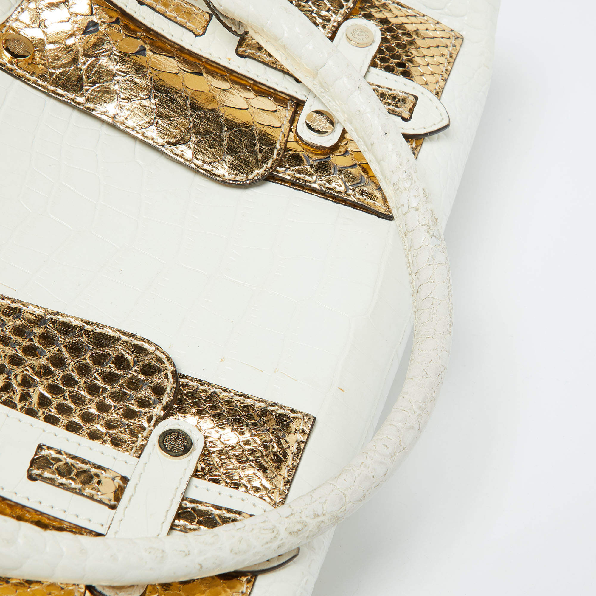 مملوكة مسبقًا Roberto Cavalli White/Gold Croc Embossed Leather and Snakeskin Satchel