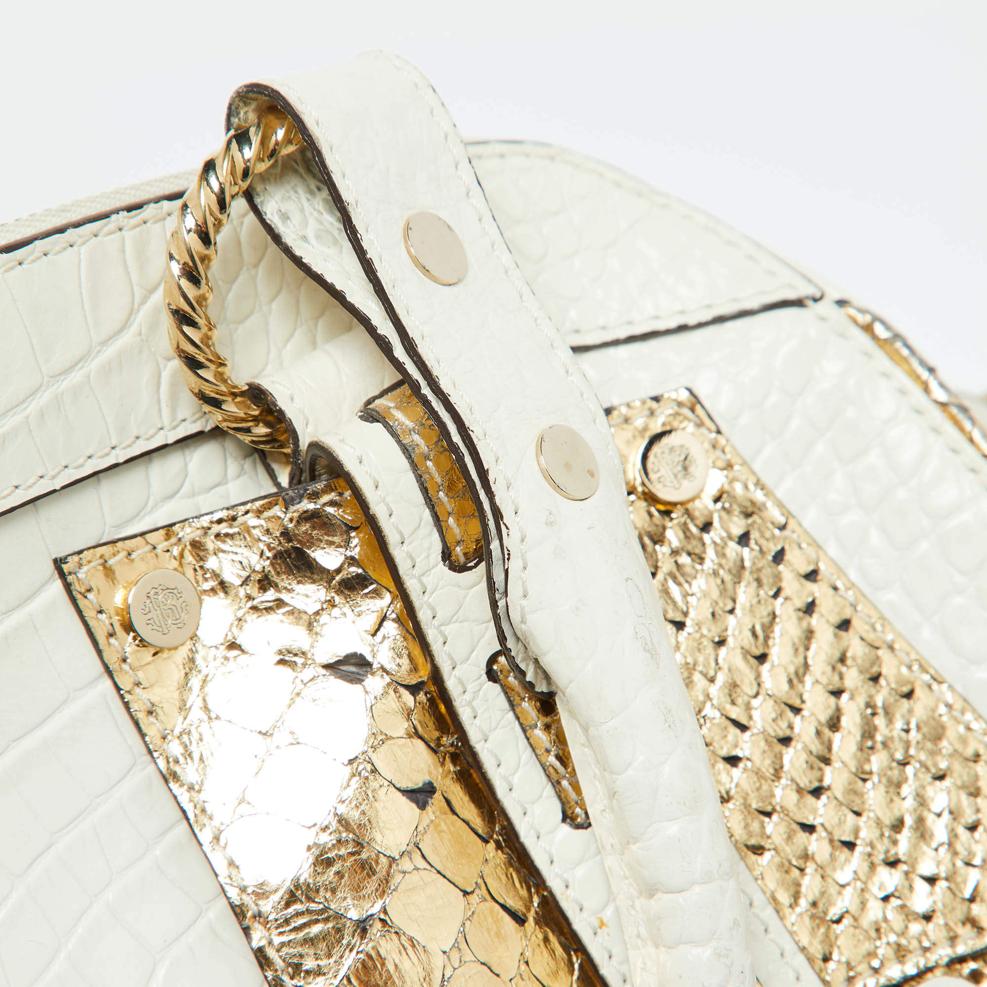 مملوكة مسبقًا Roberto Cavalli White/Gold Croc Embossed Leather and Snakeskin Satchel