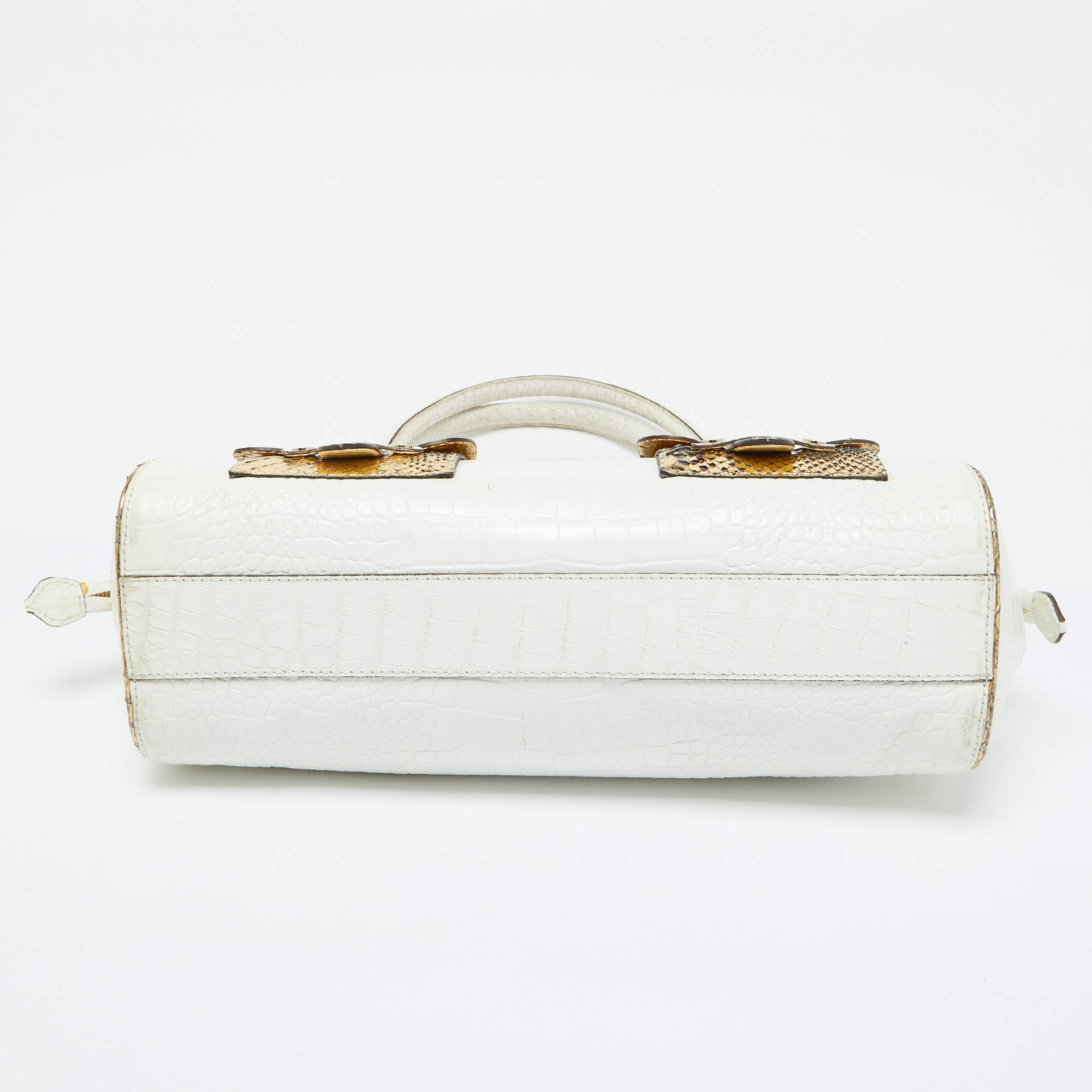 مملوكة مسبقًا Roberto Cavalli White/Gold Croc Embossed Leather and Snakeskin Satchel