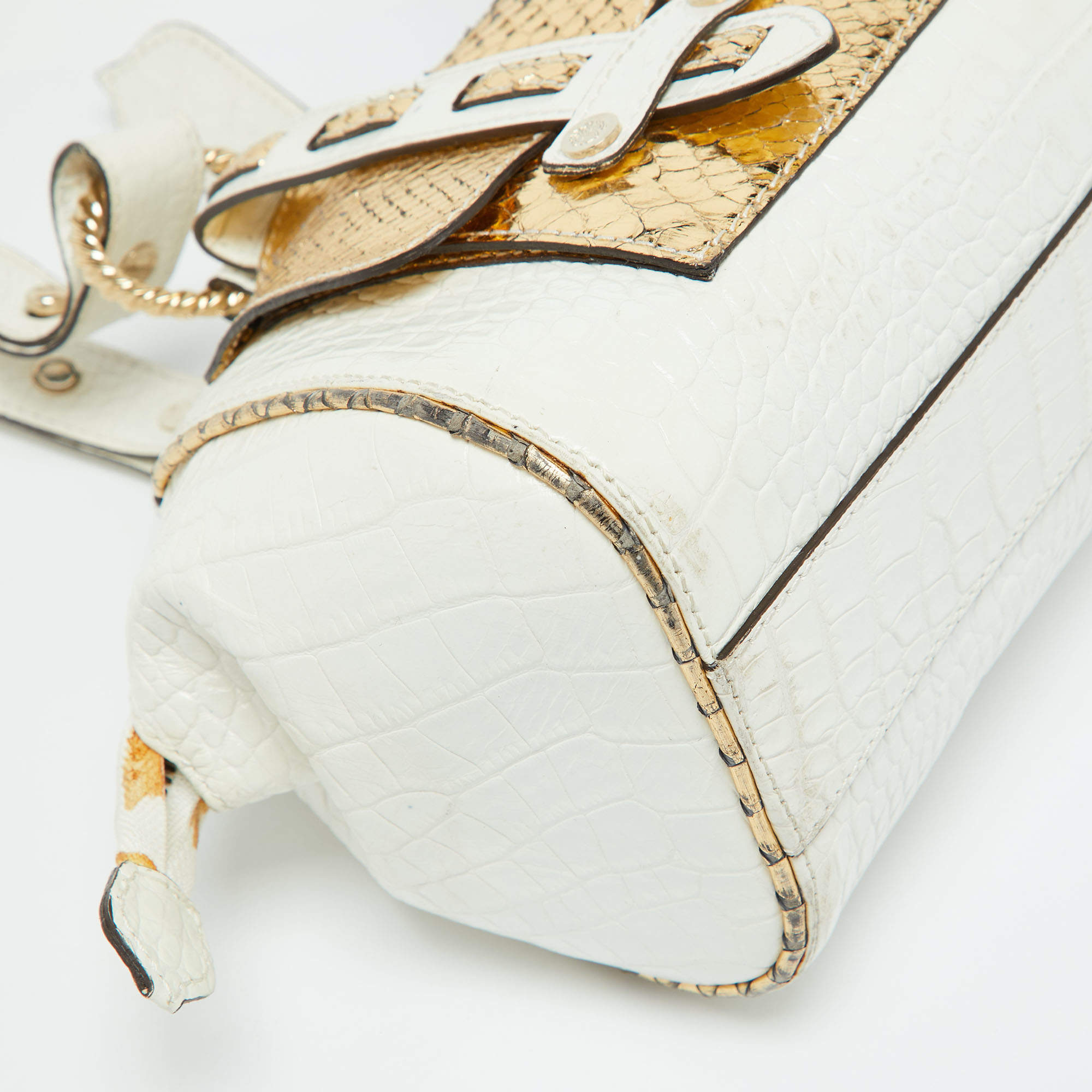 مملوكة مسبقًا Roberto Cavalli White/Gold Croc Embossed Leather and Snakeskin Satchel
