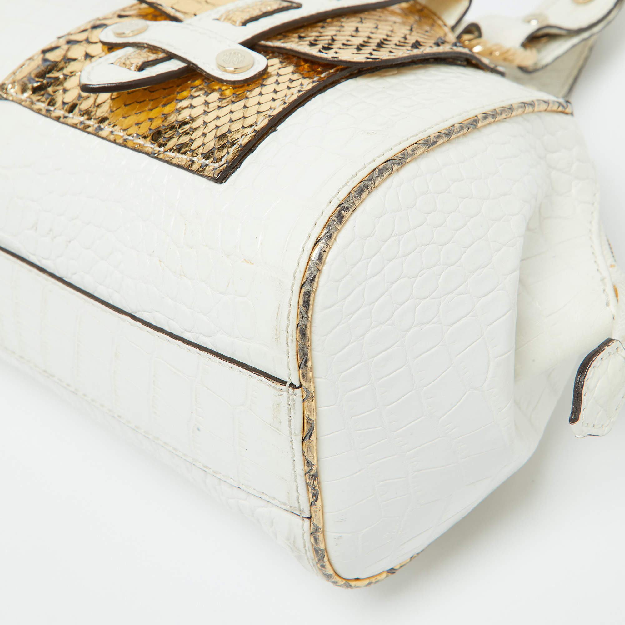 مملوكة مسبقًا Roberto Cavalli White/Gold Croc Embossed Leather and Snakeskin Satchel