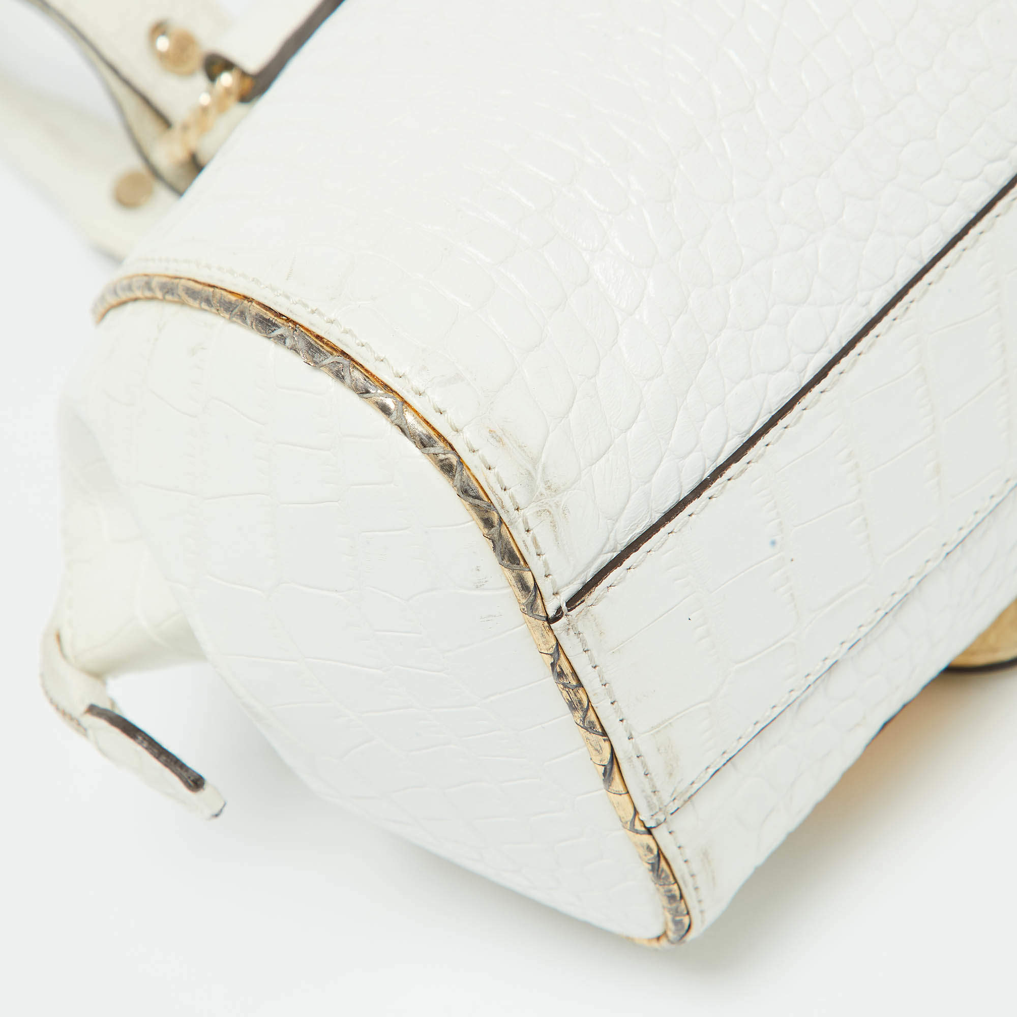 مملوكة مسبقًا Roberto Cavalli White/Gold Croc Embossed Leather and Snakeskin Satchel