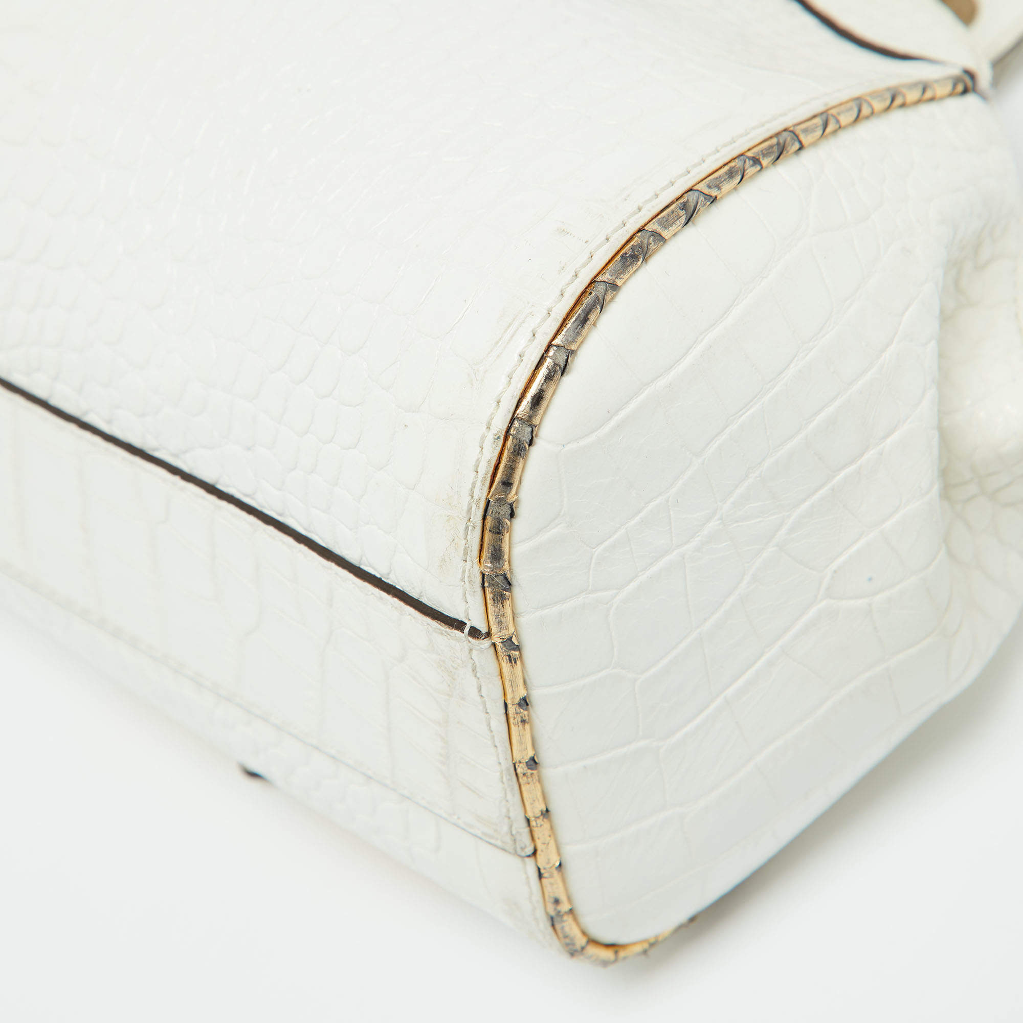 مملوكة مسبقًا Roberto Cavalli White/Gold Croc Embossed Leather and Snakeskin Satchel