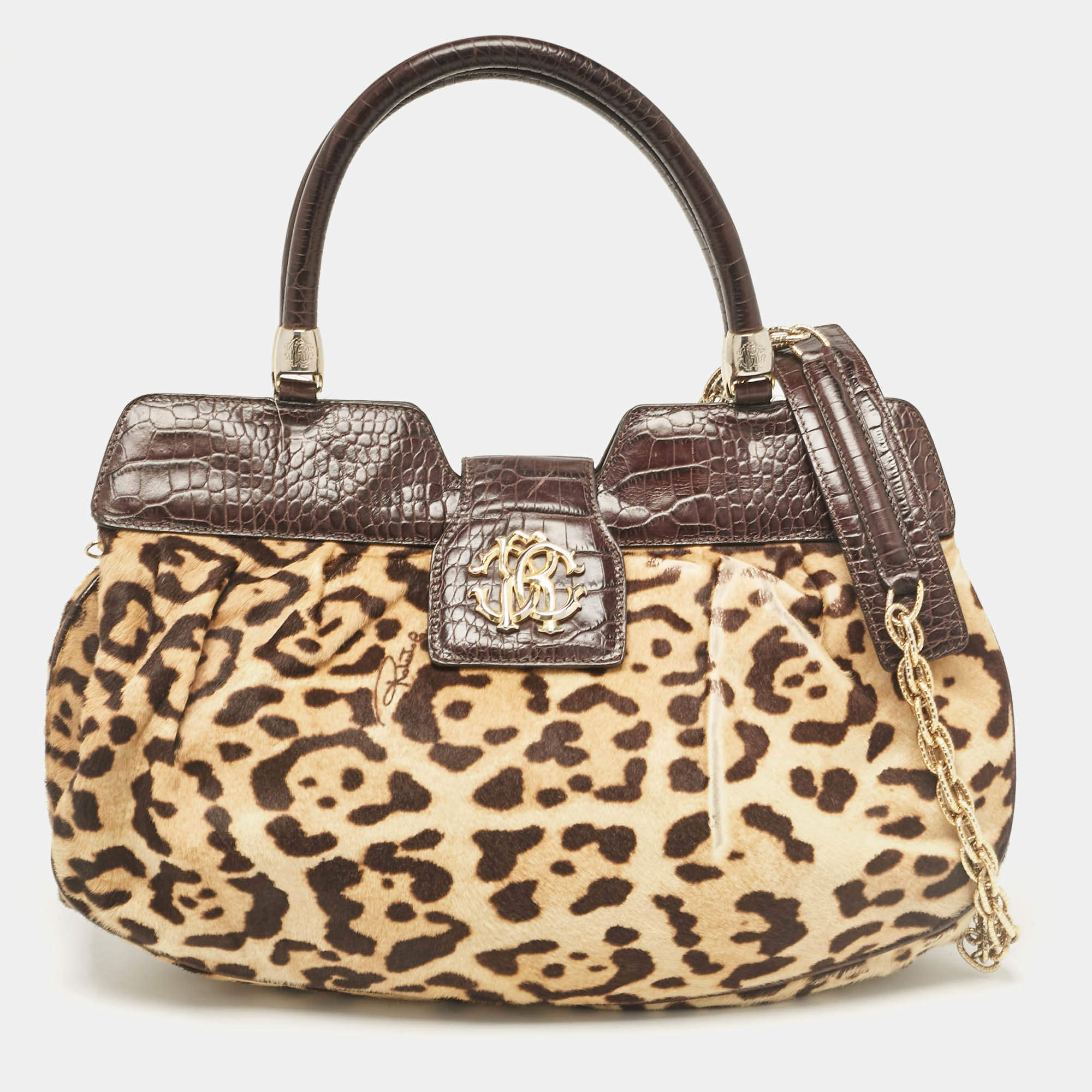 Pre Owned Roberto Cavalli Beige/Brown Leopard Calfhair and Croc Embossed Leather RC Logo Hobo