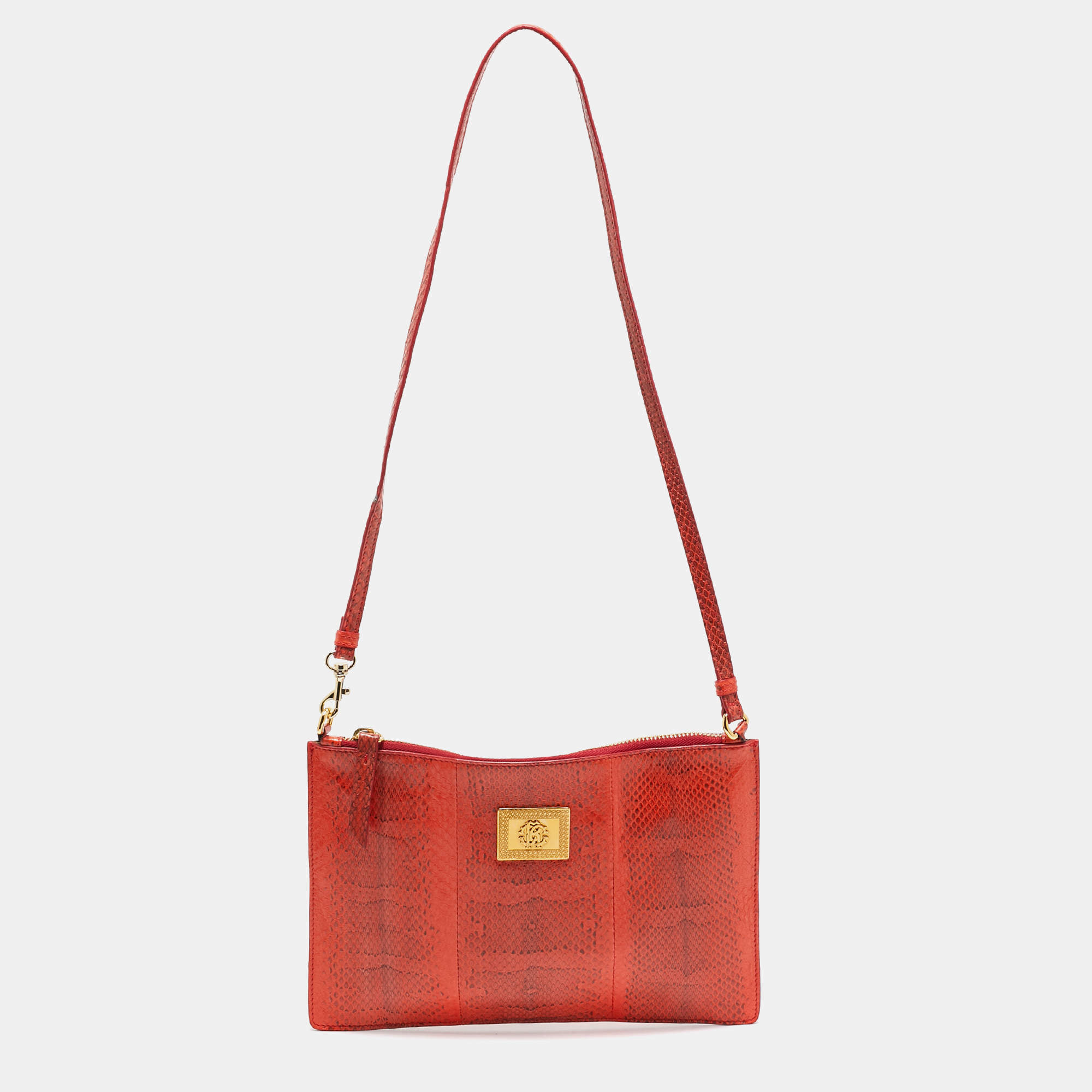 Pre Owned Roberto Cavalli Orange Watersnake Leather Slim Clutch Bag