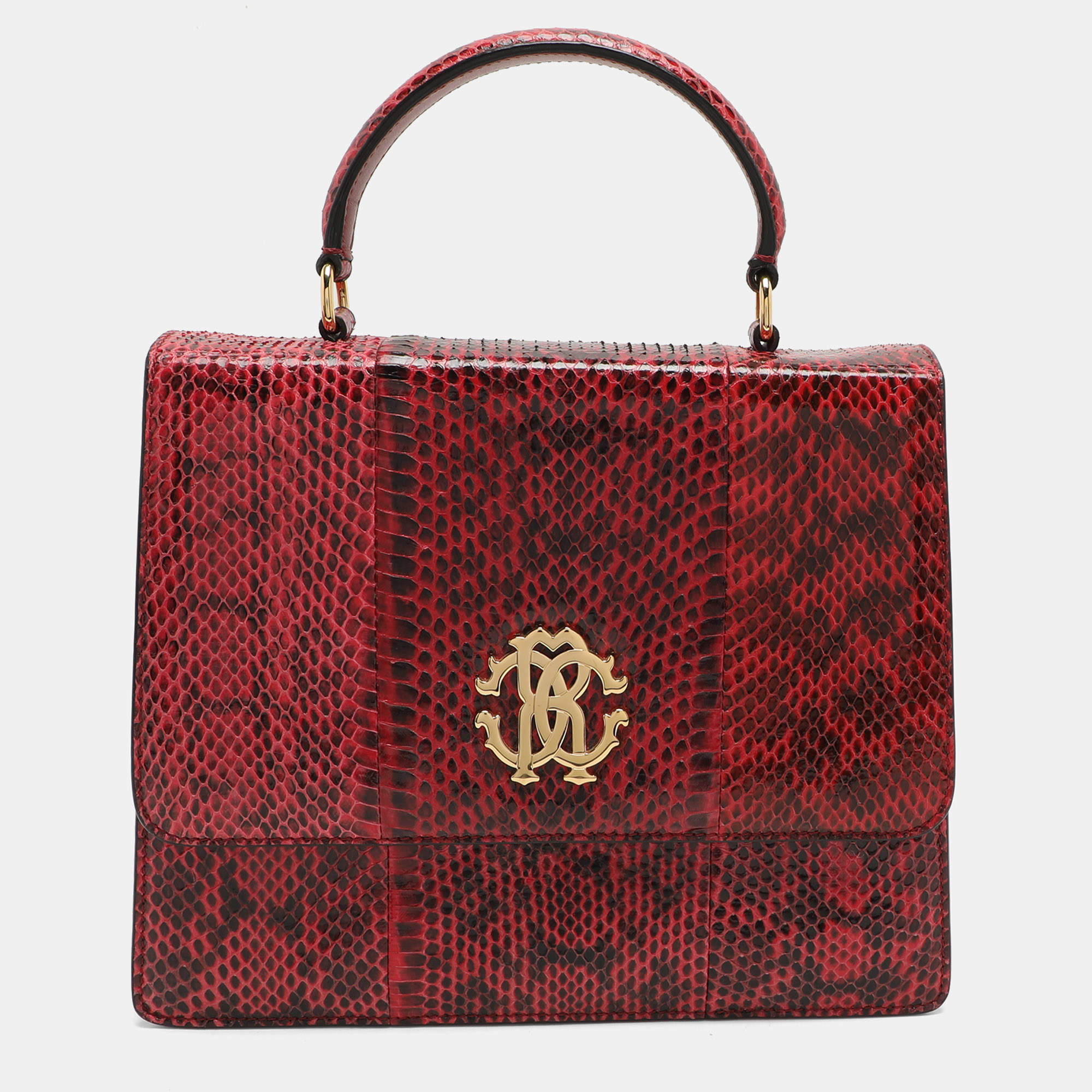 Roberto Cavalli Burgundy/Black Watersnake Top Handle Bag