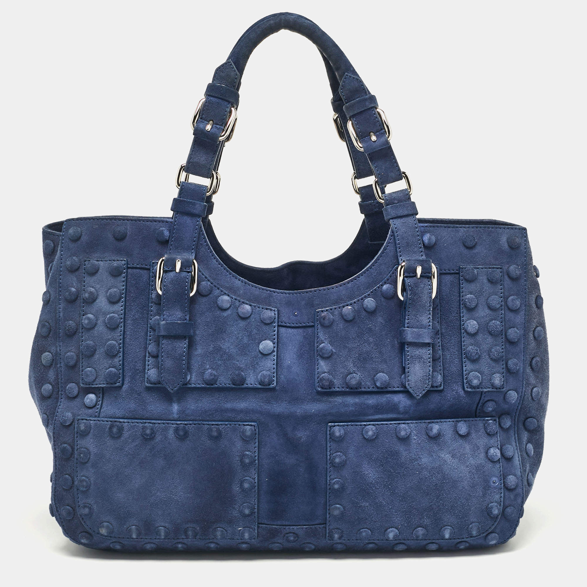 Pre Owned Roberto Cavalli Blue Suede Pebble Studded Tote