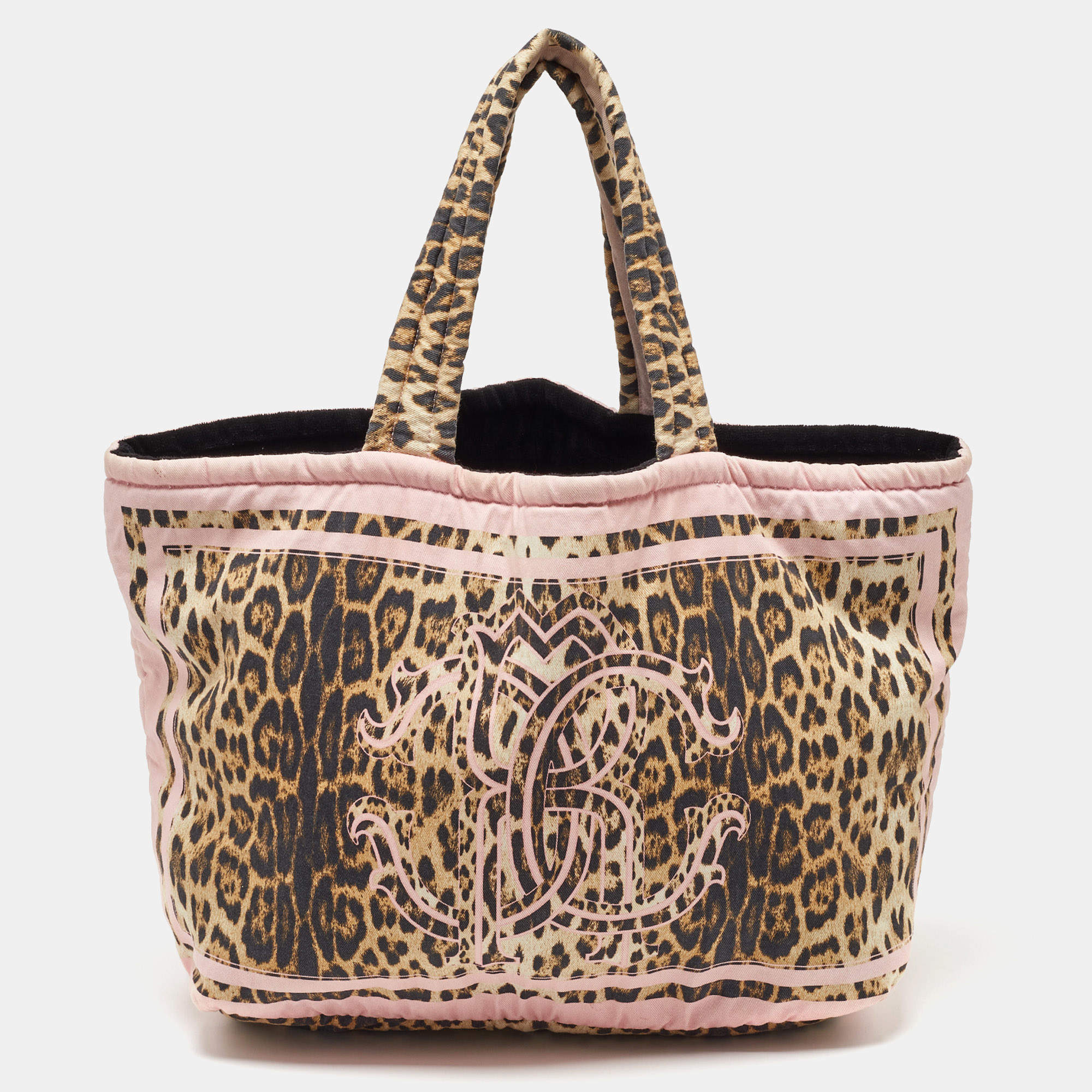 Roberto Cavalli Multicolor Fabric Leopard Print Logo Shopper Tote