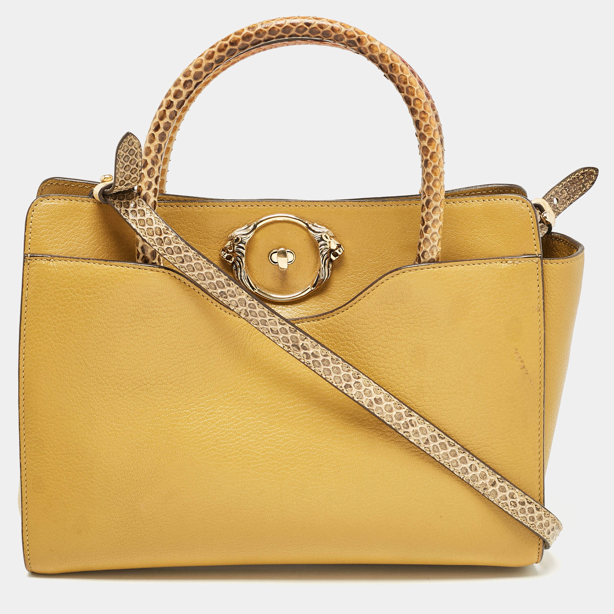 Roberto Cavalli Yellow Leather and Python Lion Logo Tote