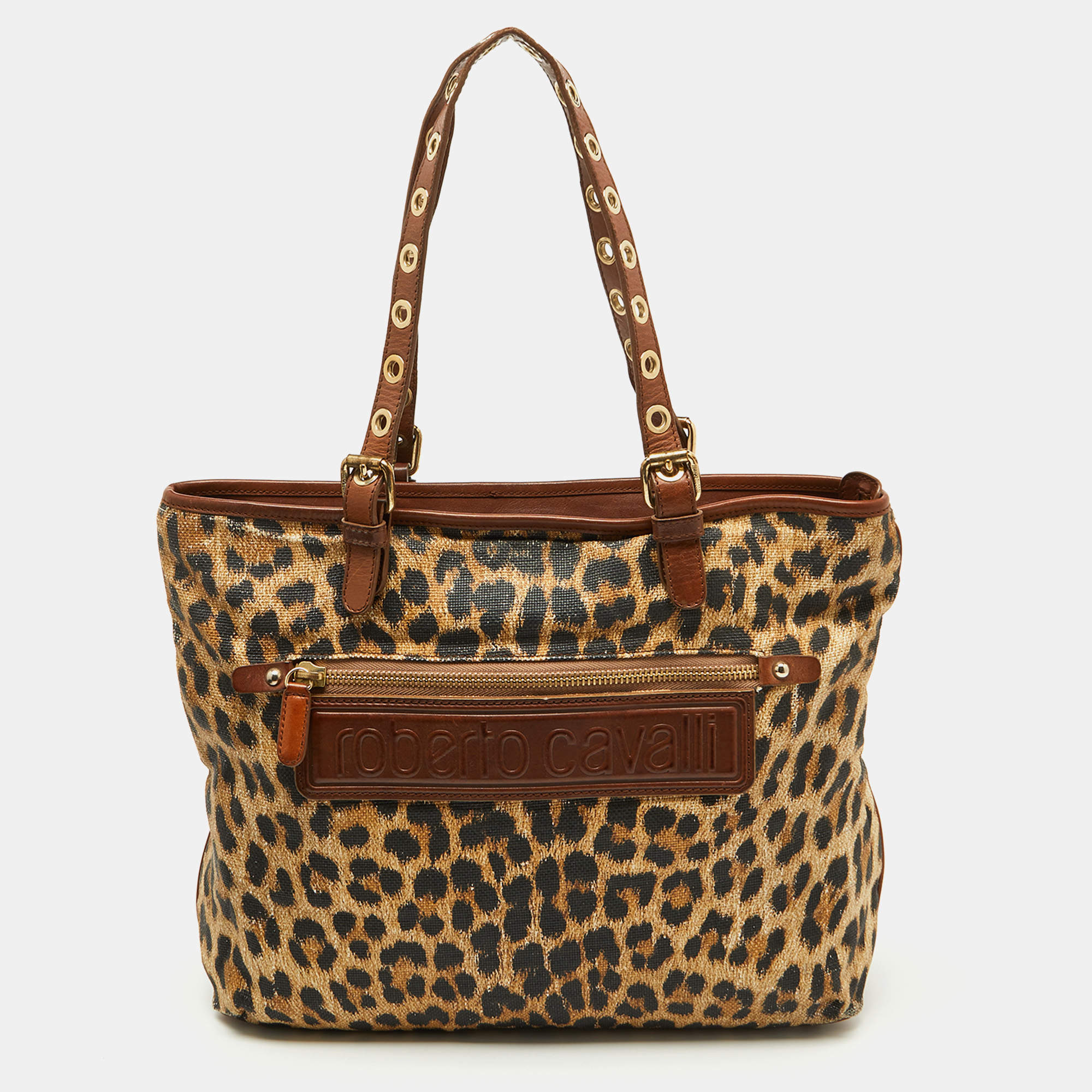 Roberto Cavalli Brown Leopard Print Straw and Leather Front Zip Tote
