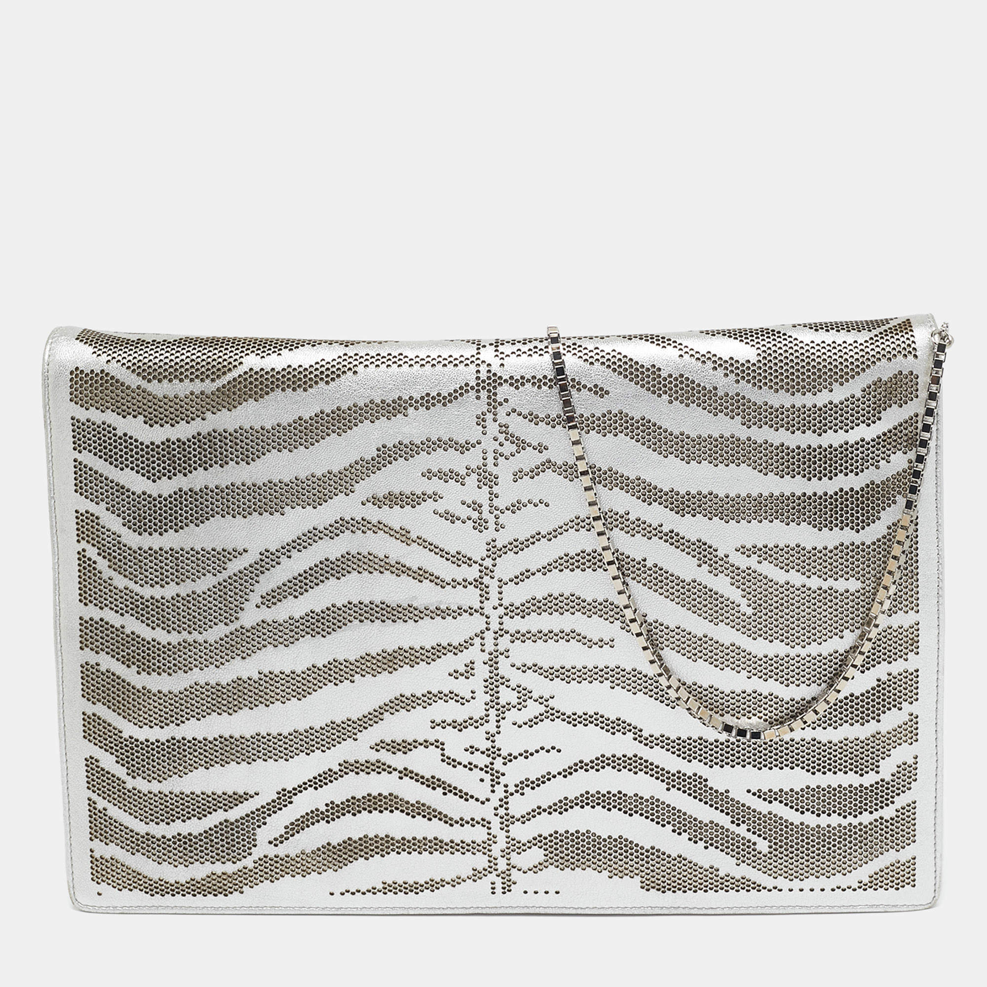 Roberto Cavalli Silver Perforated Zebra Effect Leather Chain Flap Clutch
