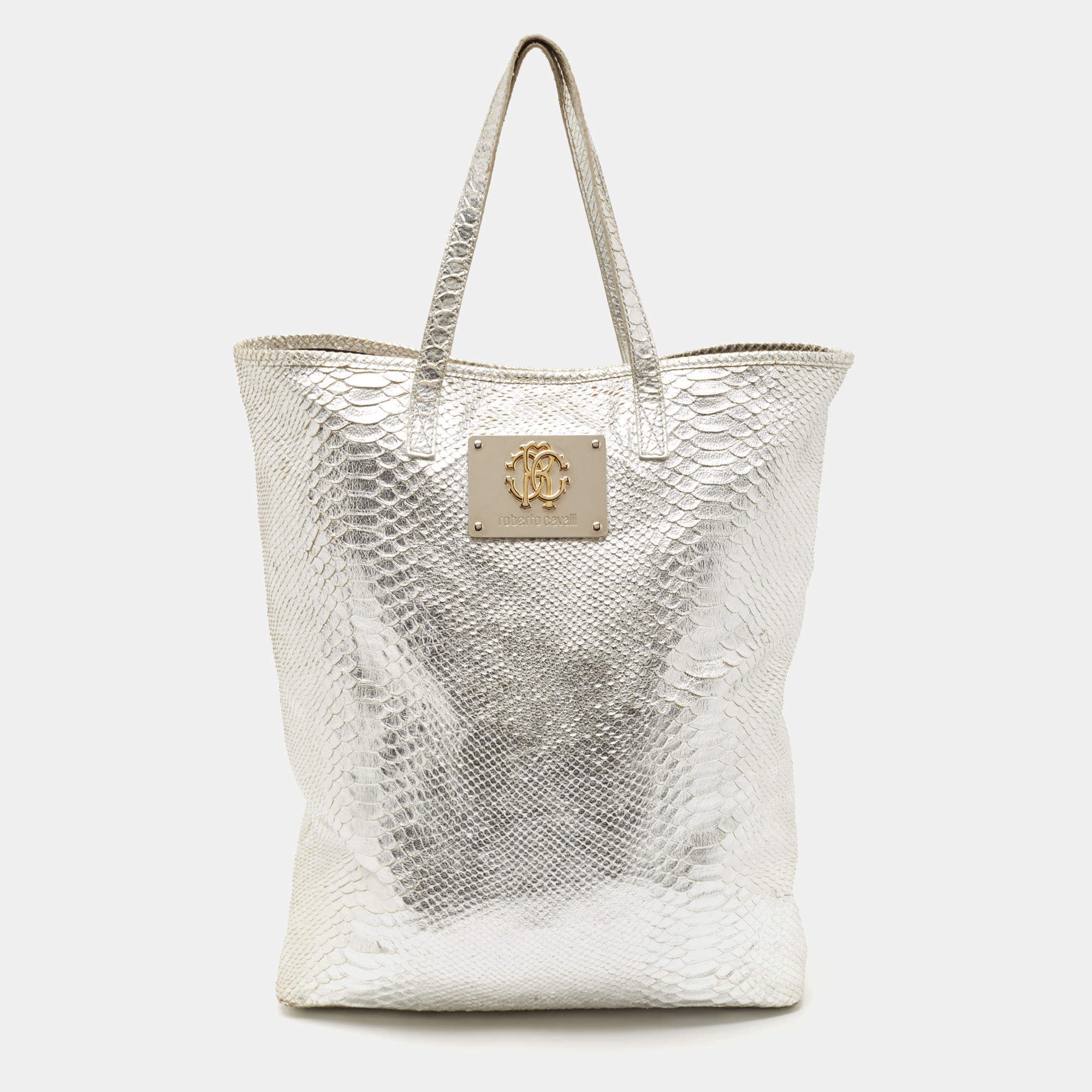 Roberto Cavalli Silver Python Embossed Leather RC Shopper Tote