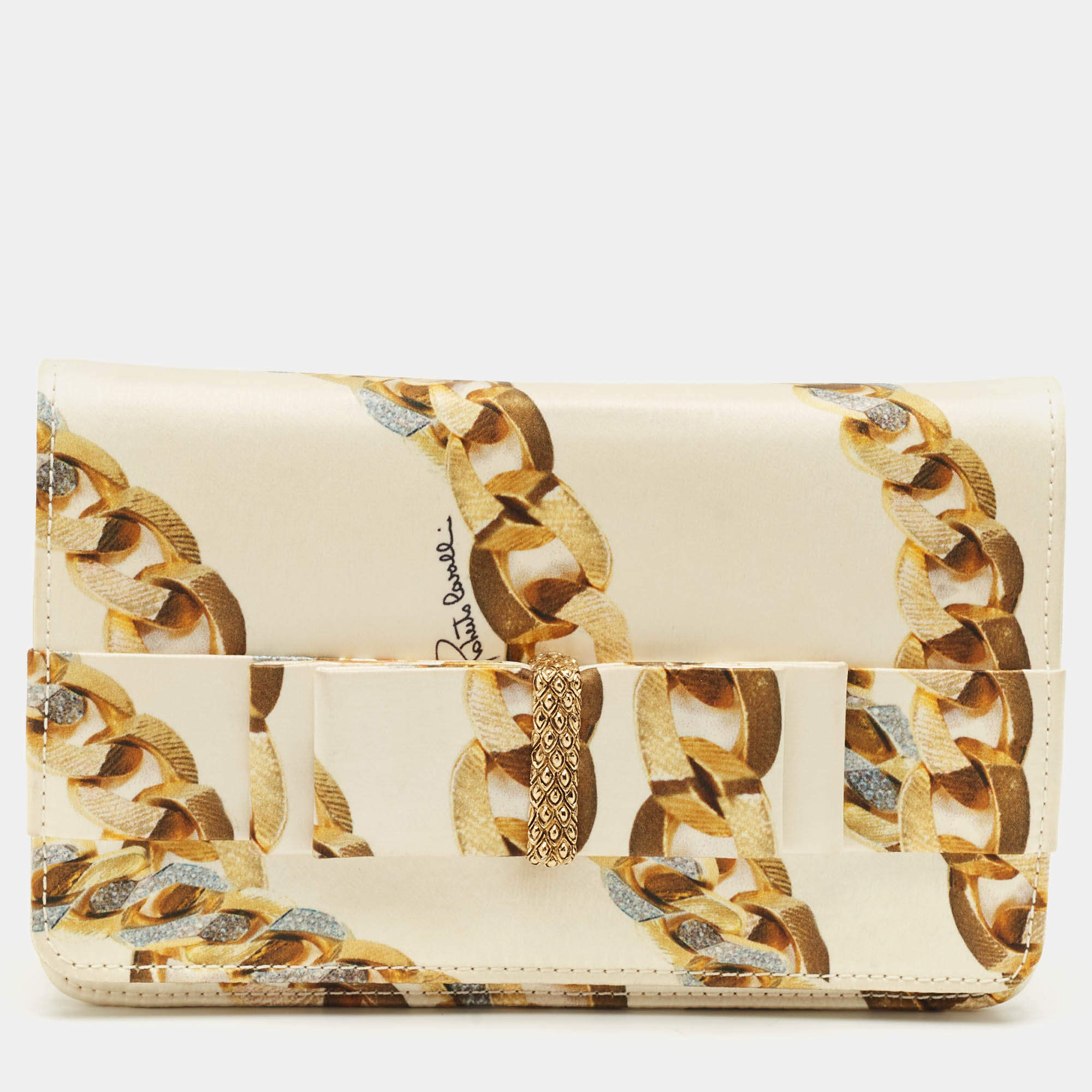 Roberto Cavalli Gold Chainlink Print Fabric Bow Clutch