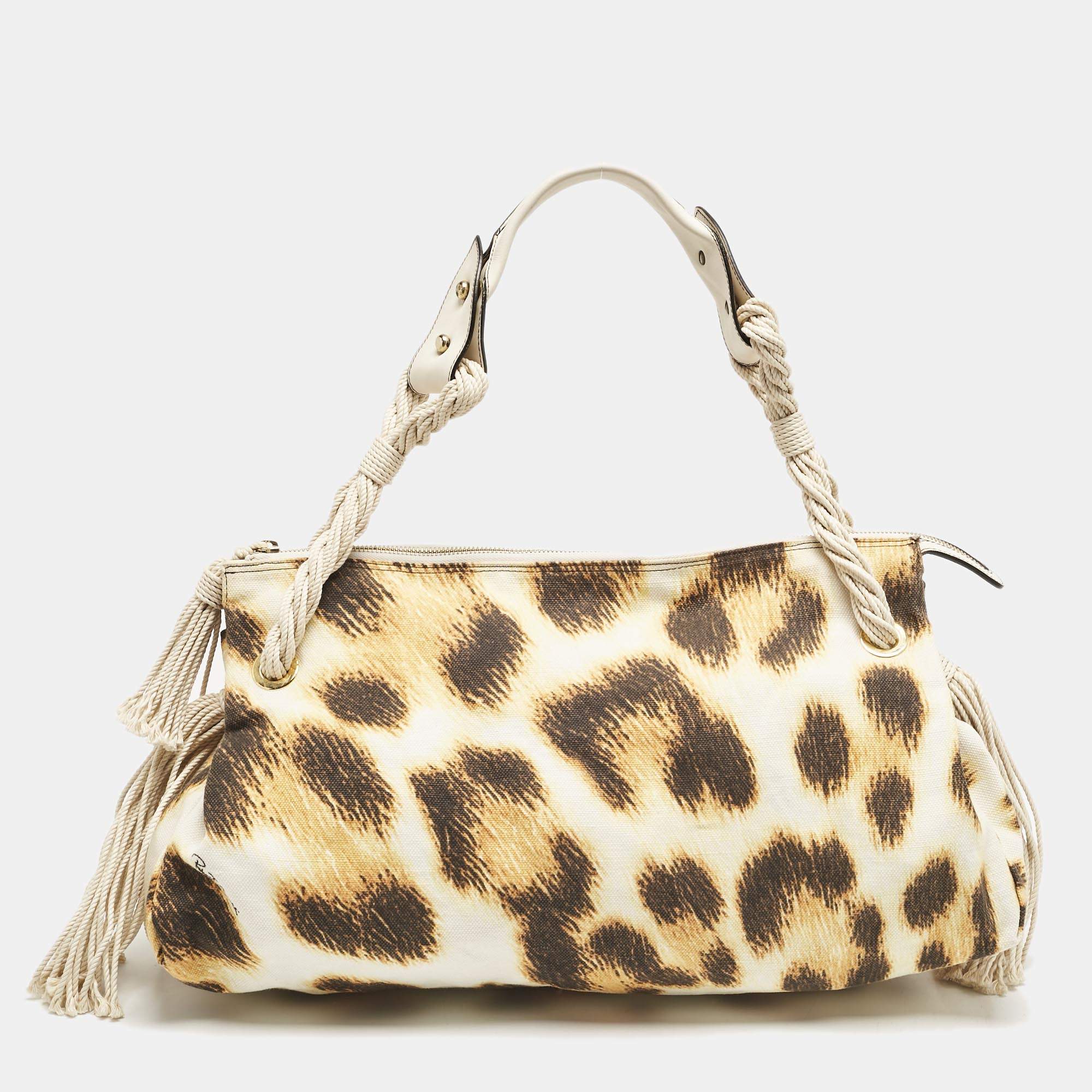 Roberto Cavalli White/Brown Leopard Print Canvas Tassel Hobo