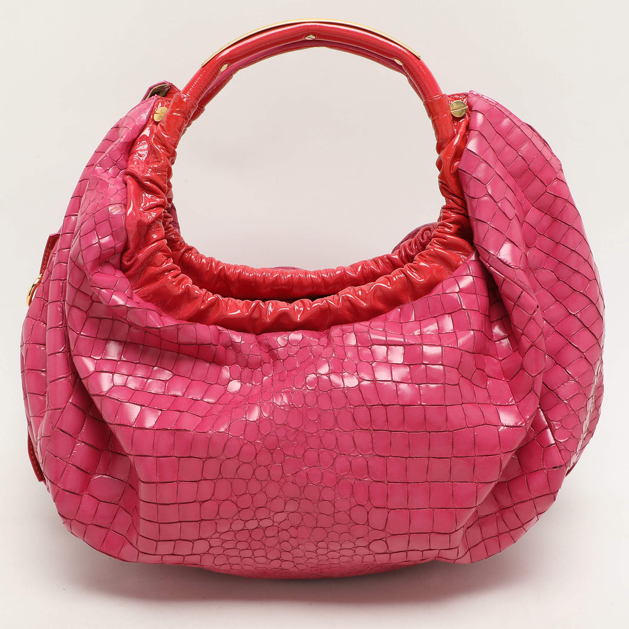 Pre Owned Roberto Cavalli Pink Croc Embossed Leather Hobo