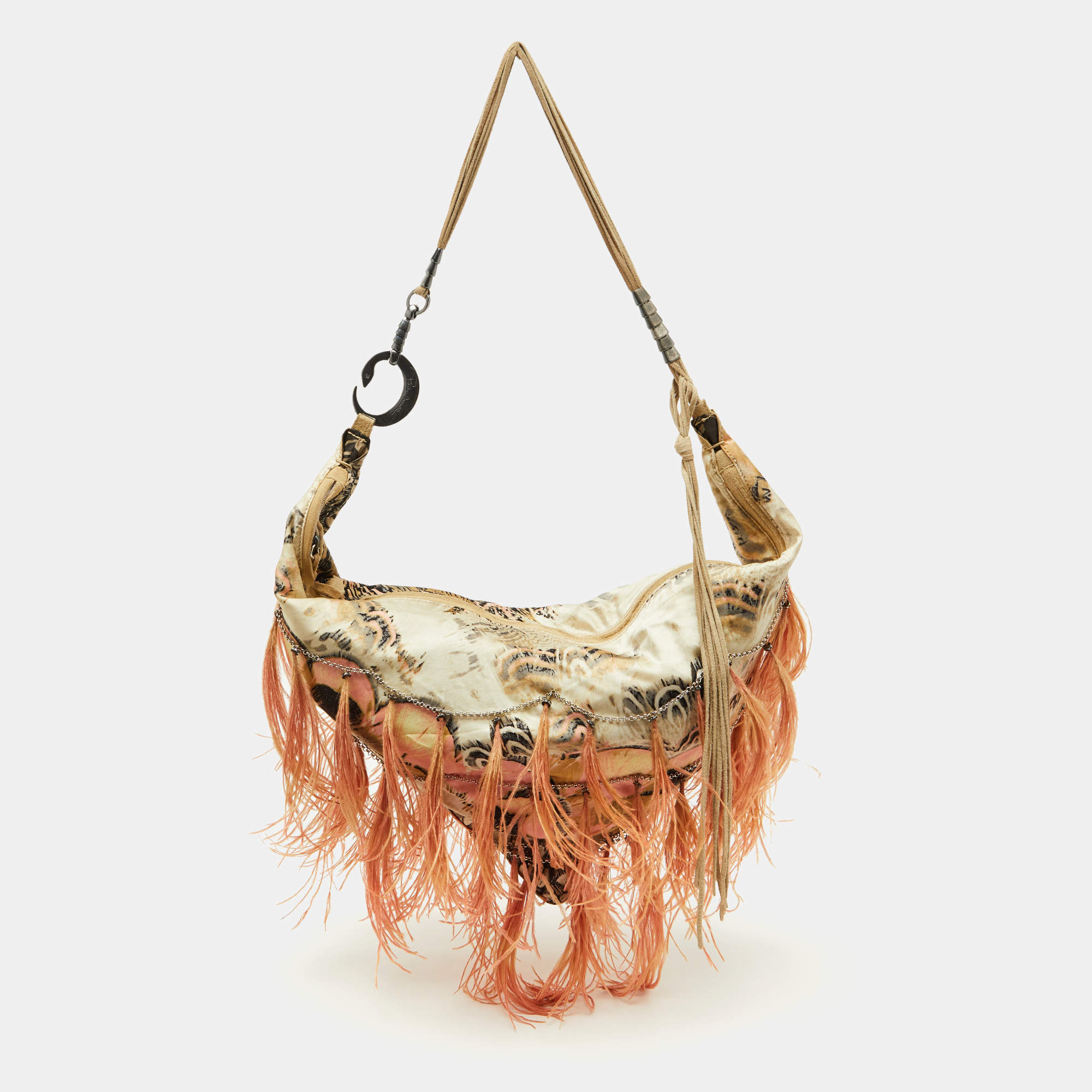 Pre Owned Roberto Cavalli Multicolor Printed Satin Feather Trimmed Shoulder Bag