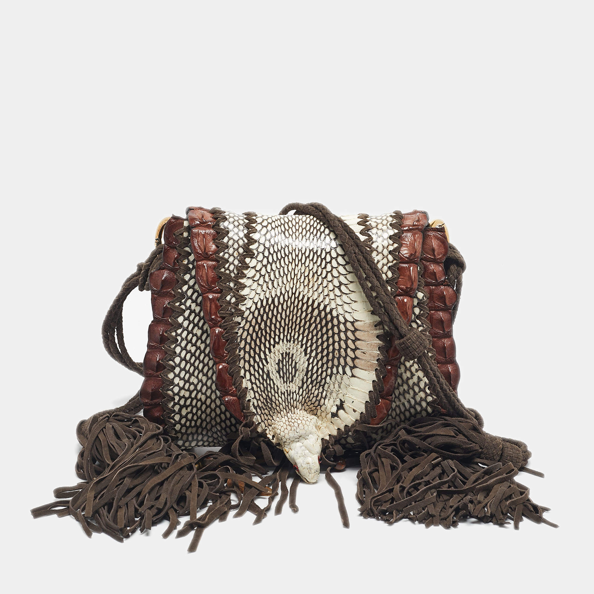 Pre Owned Roberto Cavalli Dark Brown/White Suede, Snakeskin and Crocodile Fringe Crossbody Bag