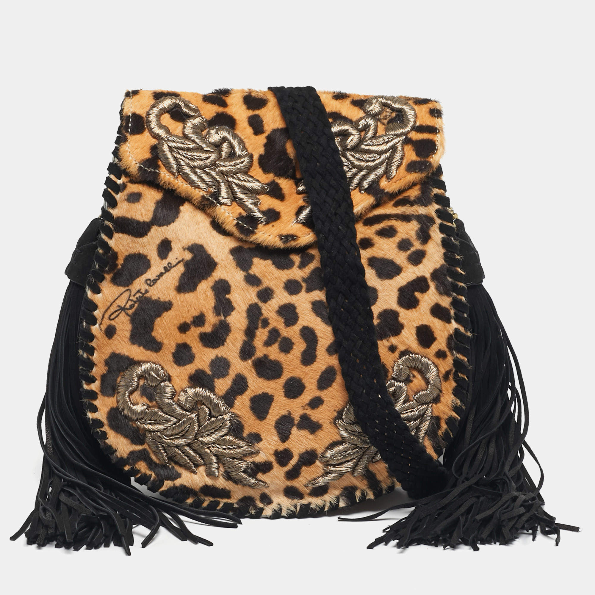 Pre Owned Roberto Cavalli Brown/Black Leopard Print Calf Hair Embroidered Tassel Crossbody Bag