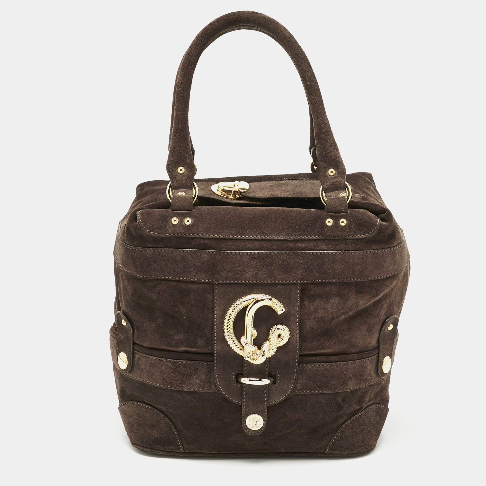Pre Owned Roberto Cavalli Brown Suede Snake Logo Tote