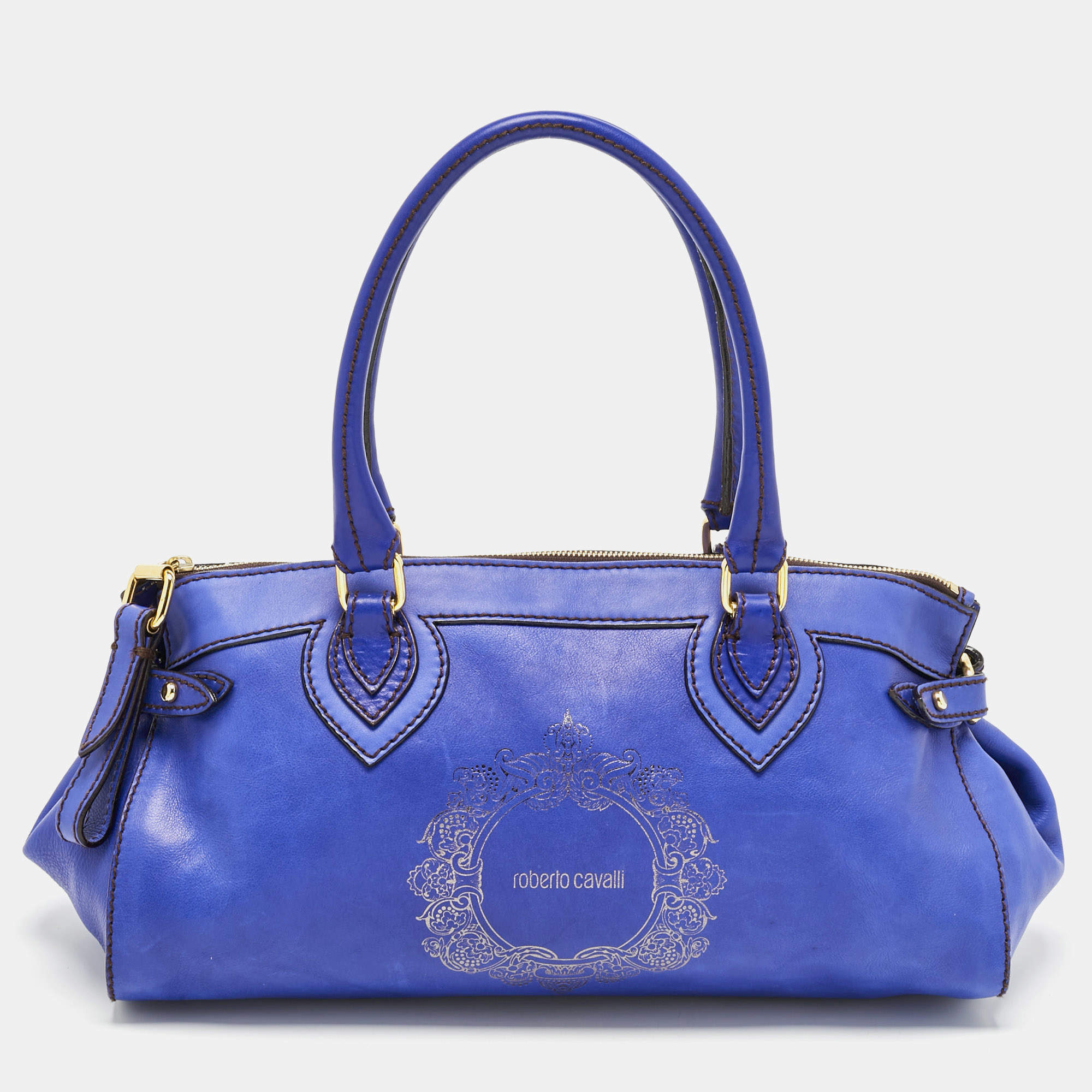 Pre Owned Roberto Cavalli Royal Blue Leather Logo Zip Satchel