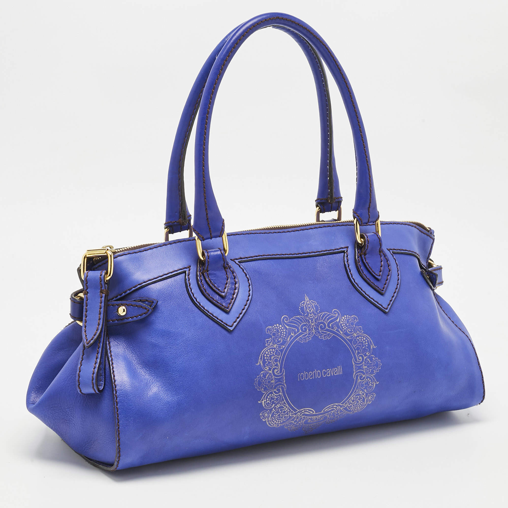 Roberto Cavalli Royal Blue Leather Logo Zip Satchel Roberto