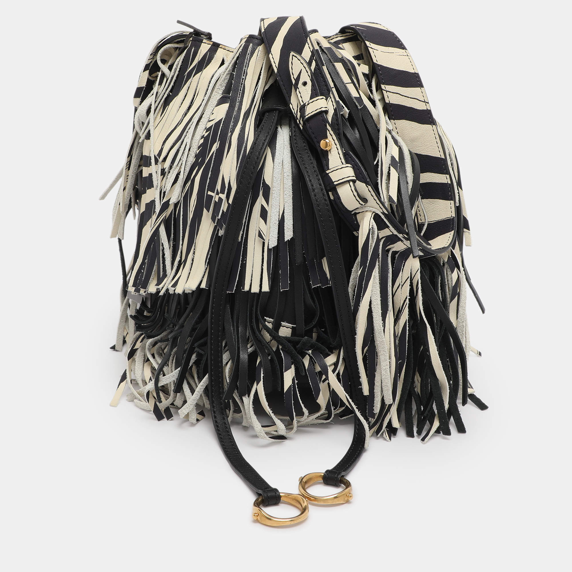 Pre Owned Roberto Cavalli Black/Cream Leather Fringes Bucket Bag