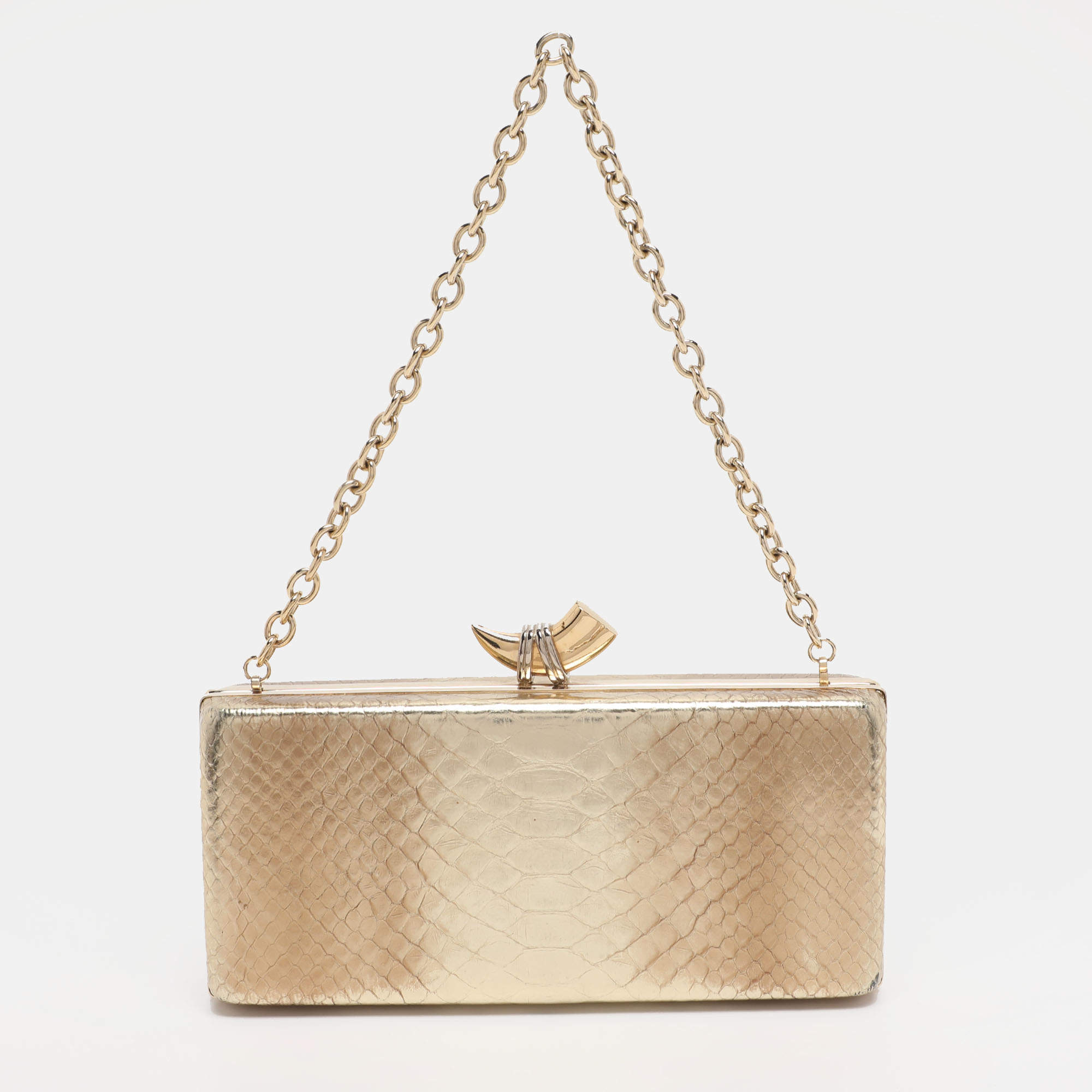 Pre Owned Roberto Cavalli Gold Python Embossed Leather Box Chain Clutch