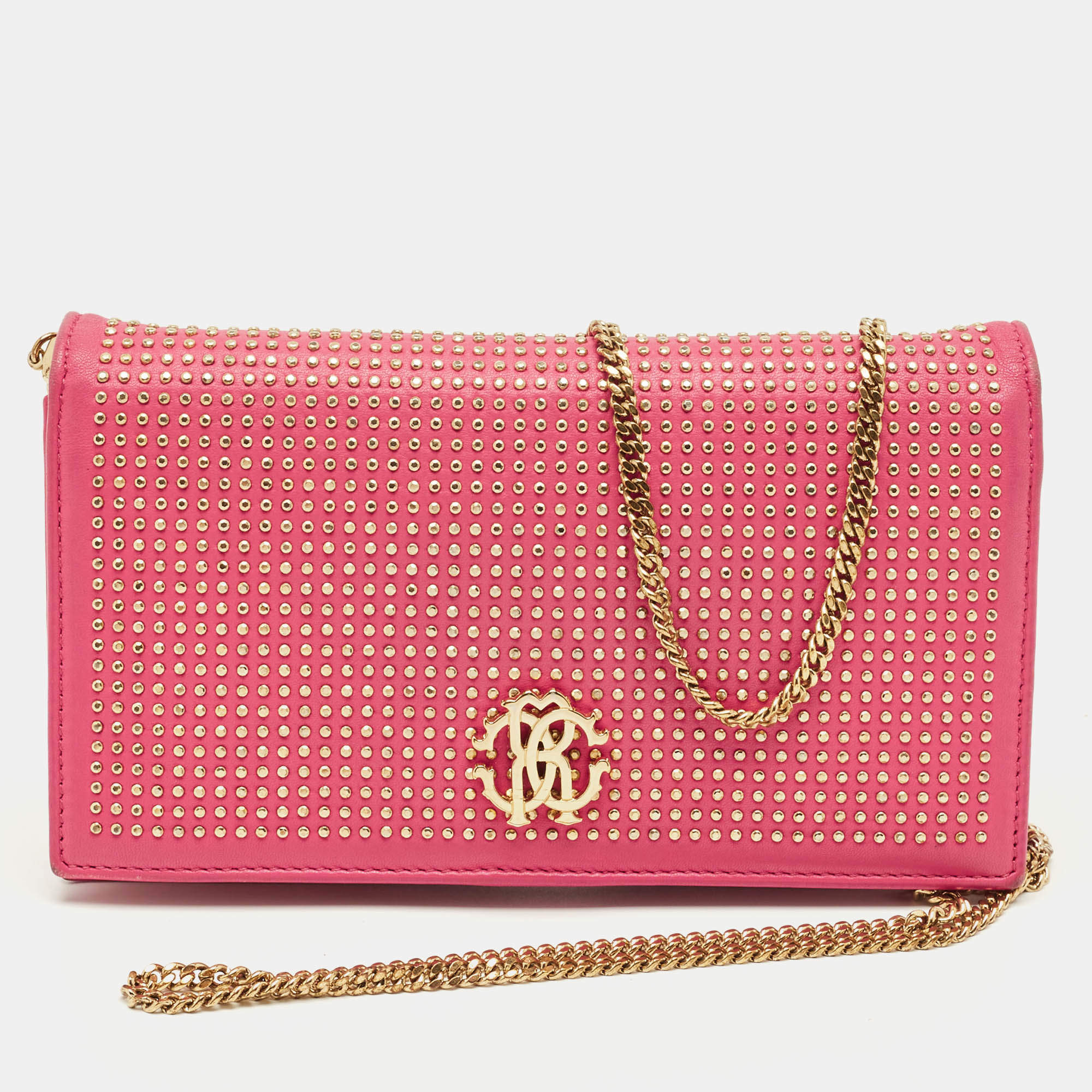 Pre Owned Roberto Cavalli Pink Leather Studded Wallet on Chain