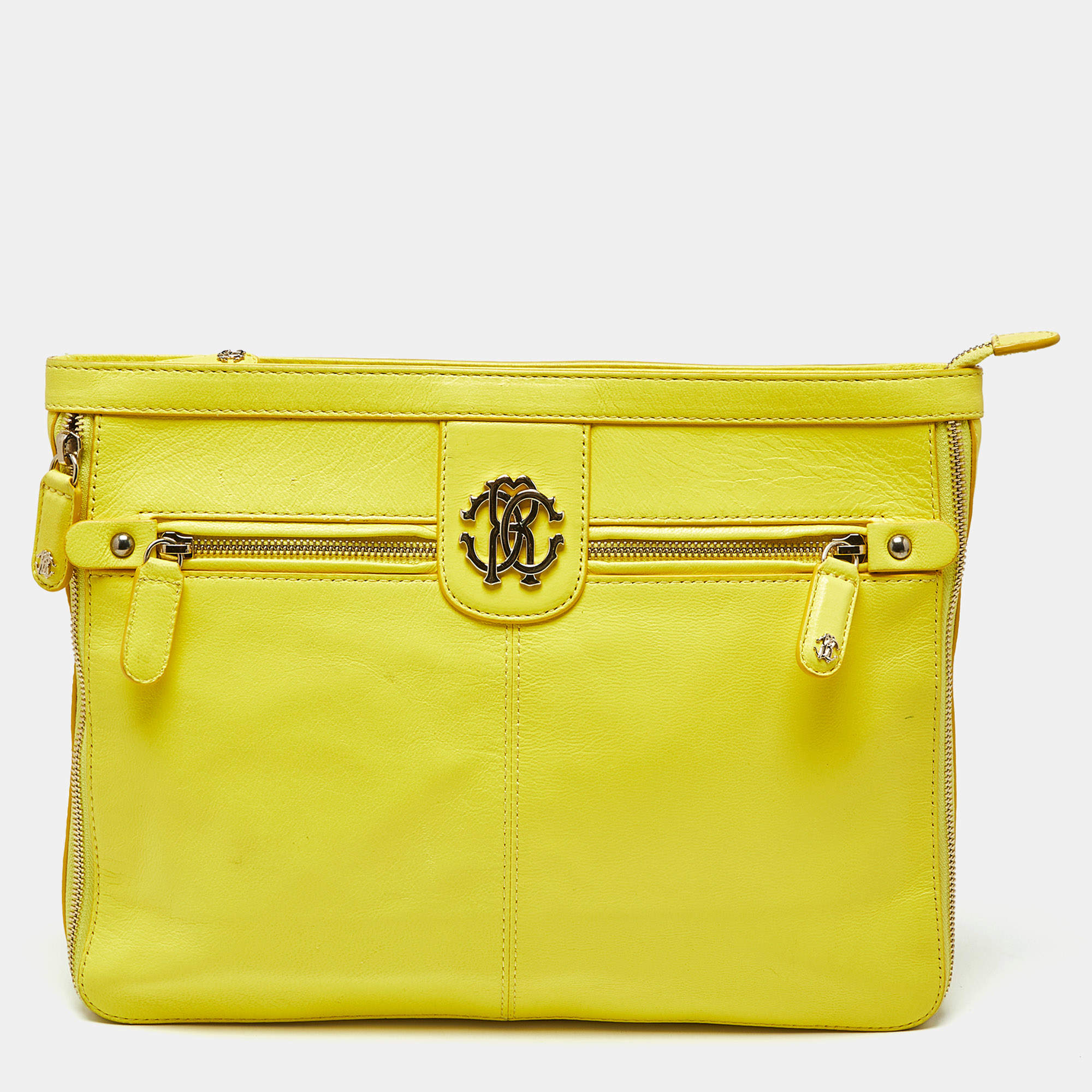 Pre Owned Roberto Cavalli Yellow Leather RC Zip Around Clutch
