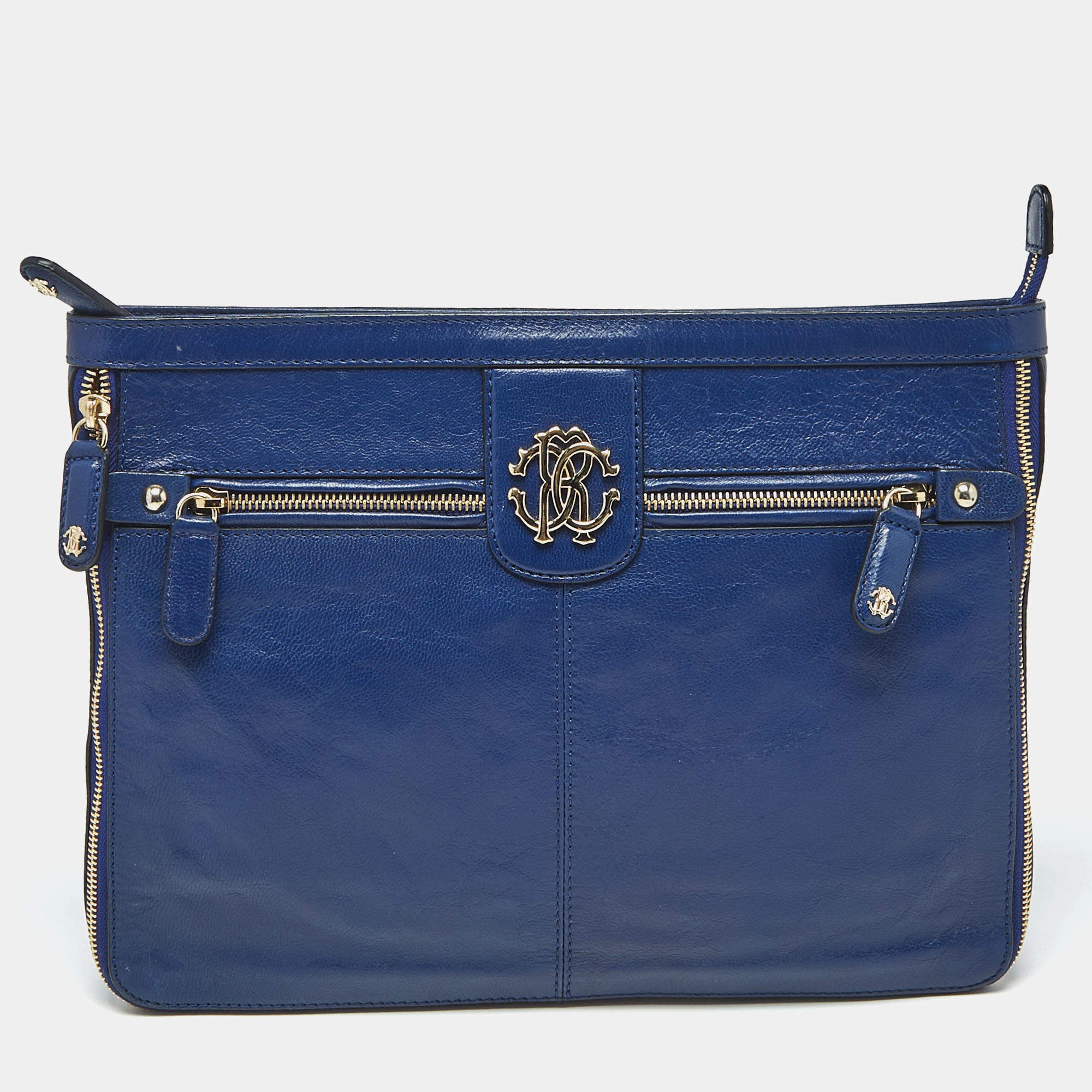 Pre Owned Roberto Cavalli Blue Leather RC Zip Around Clutch