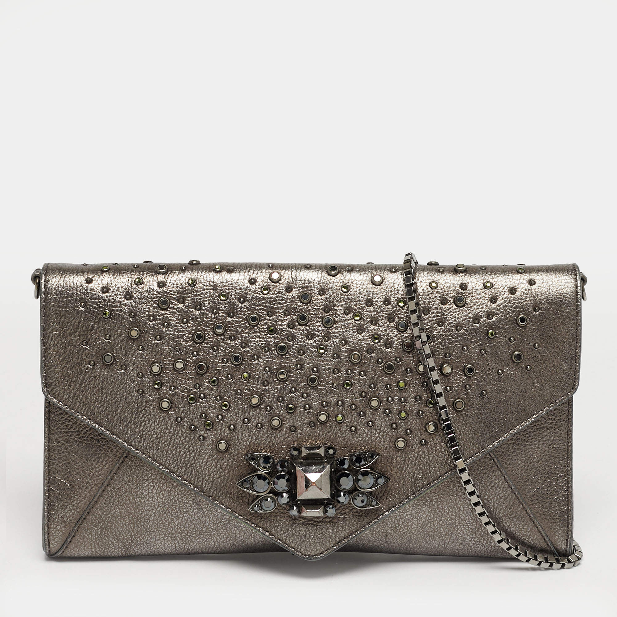 مملوكة مسبقًا Roberto Cavalli Crystal Embellished Metallic Grey Leather Chain Clutch