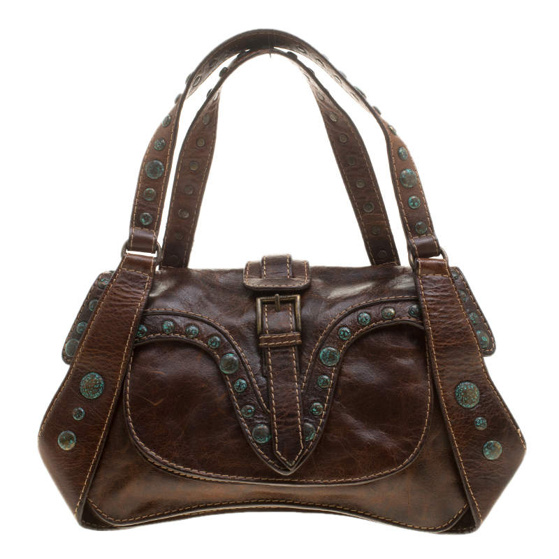 Pre Owned Roberto Cavalli Dark Brown Leather Studded Shoulder Bag