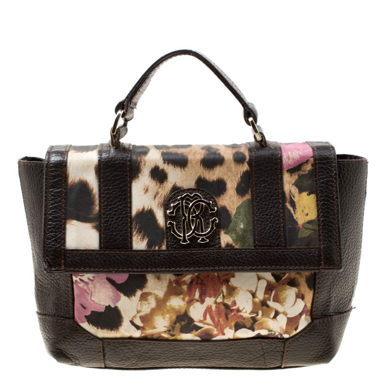 Roberto Cavalli Brown/Multicolor Leather and Printed Fabric Top Handle Bag