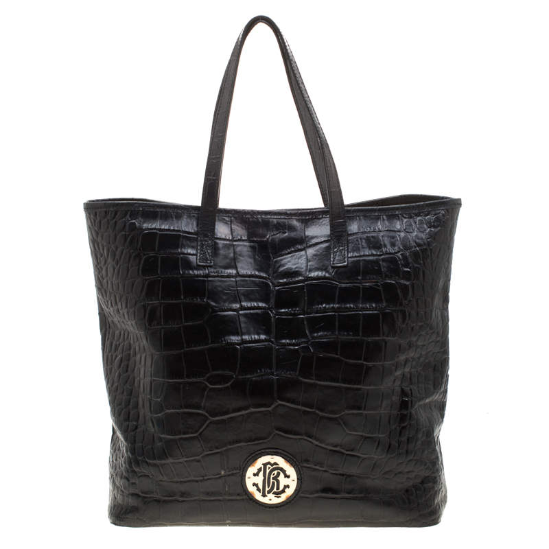 Pre Owned Roberto Cavalli Black Croc Embossed Leather Tote