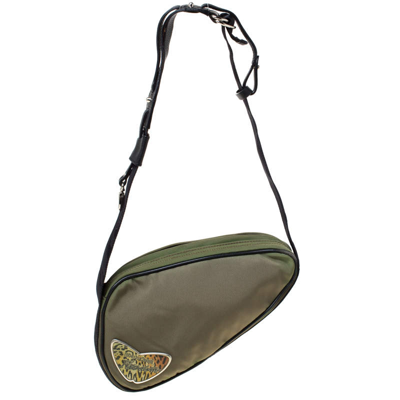 Pre Owned Roberto Cavalli Olive Green/Black Canvas and Leather Sling Bag