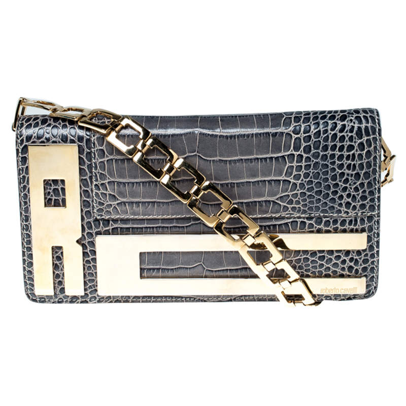 Pre Owned حقيبة كلتش روبرتو كافالي بسلسلة وشعار جلد نقش تمساح زرقاء
