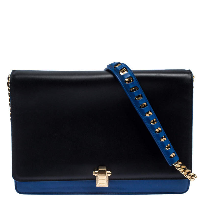 Roberto Cavalli Black/Blue Leather Hera Ayers Shoulder Bag