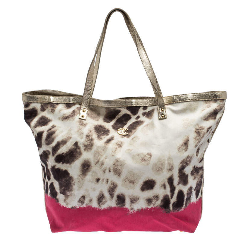 Pre Owned Just Cavalli Beige/Pink Printed Fabric Shopper Tote