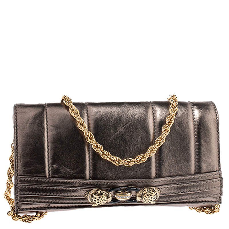 Roberto Cavalli Metallic Gold Crocodile Embossed Leather Bag