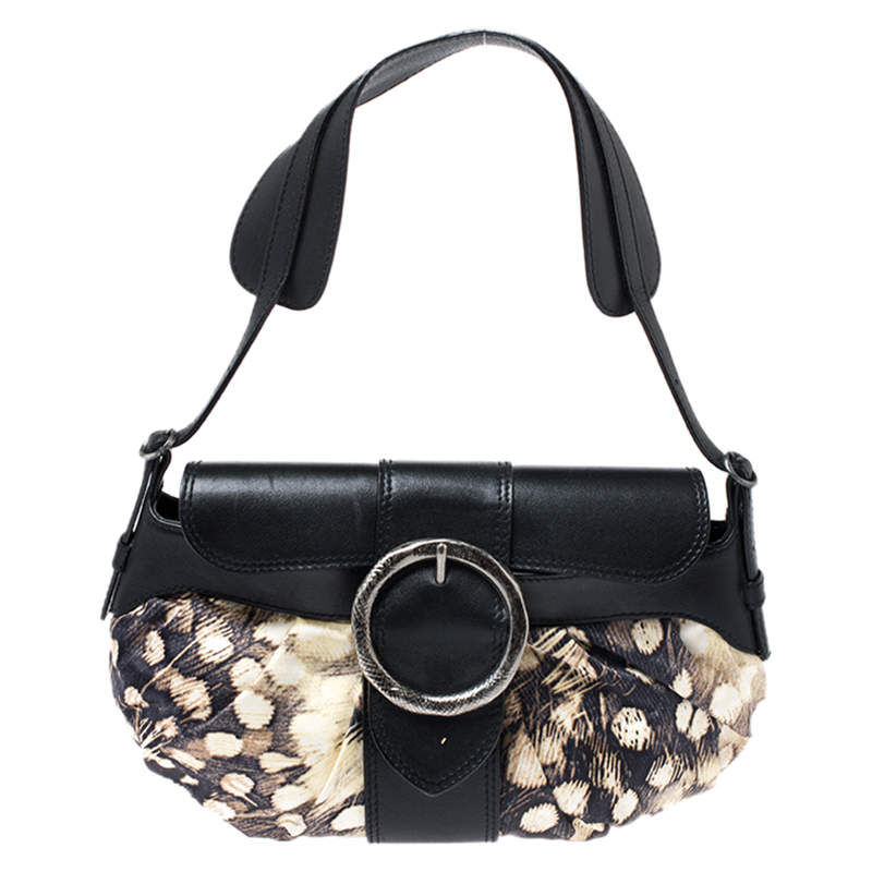 Pre Owned Roberto Cavalli Black/Cream Printed Satin and Leather Round Buckle Flap Hobo