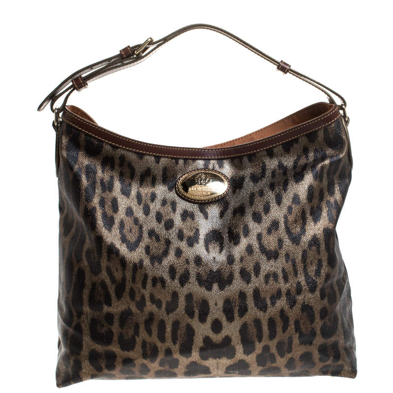 Roberto Cavalli Black/Brown Leopard Print Coated Canvas and Leather Hobo