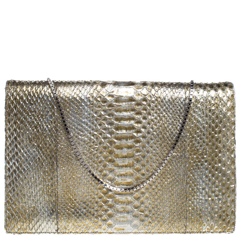 Pre Owned Roberto Cavalli Metallic Gold Python Chain Clutch