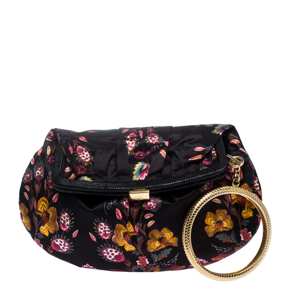 Pre Owned Roberto Cavalli Multicolor Floral Printed Satin Frame Bracelet Clutch