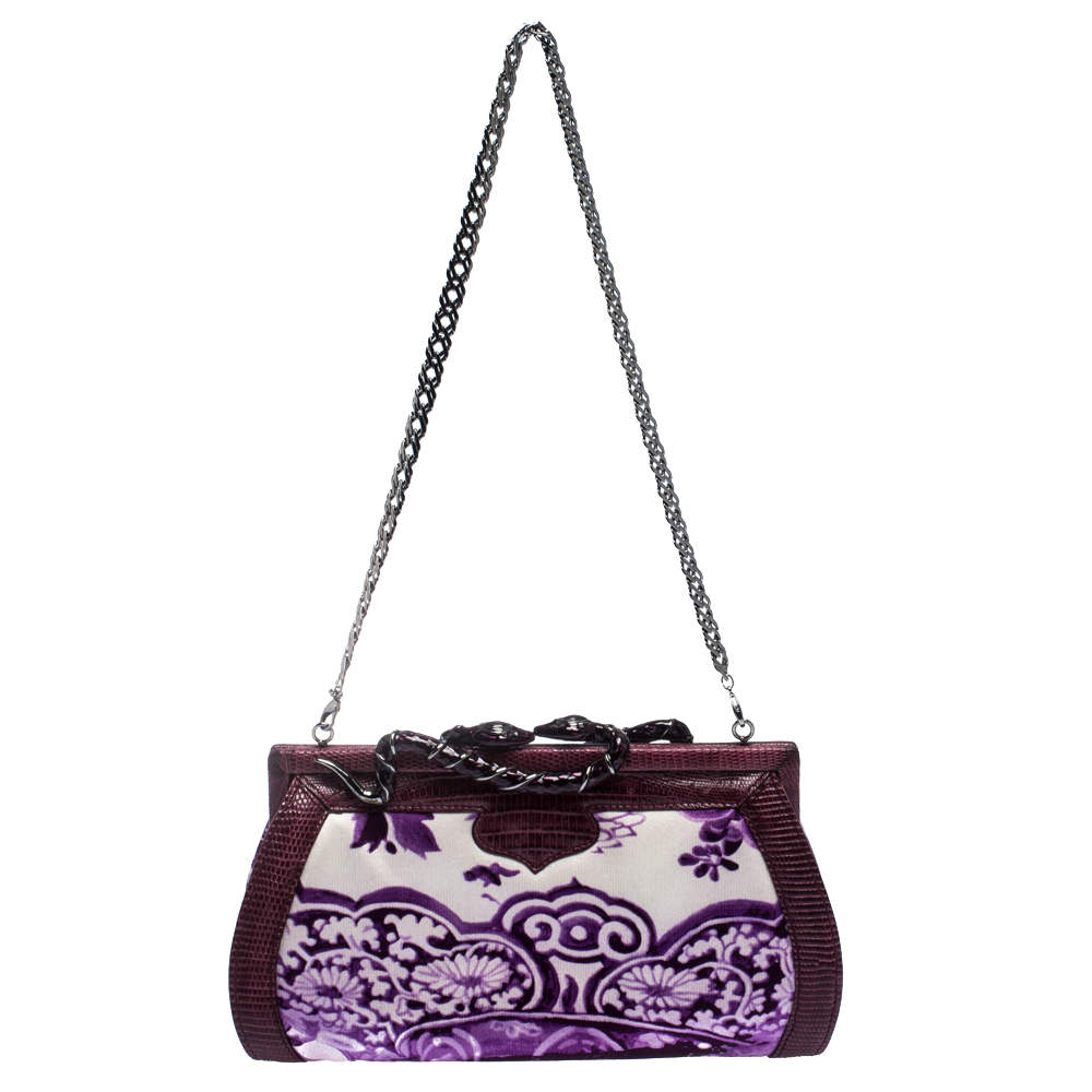 Pre Owned Roberto Cavalli Purple Satin and Lizard Embossed Leather Frame Chain Clutch