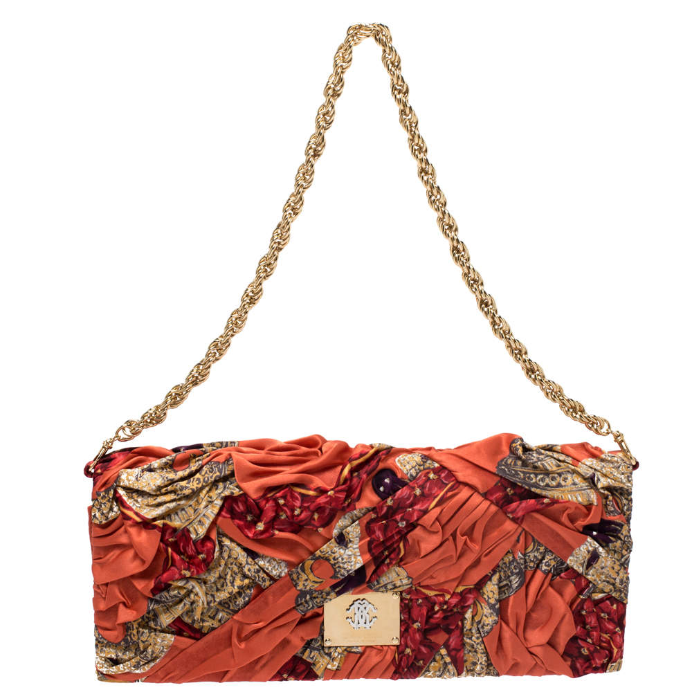 Pre Owned Roberto Cavalli Multicolor Printed Satin Pleated Chain Clutch