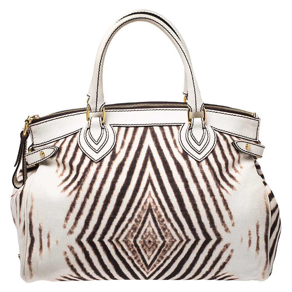 Roberto Cavalli Cream/Brown Zebra Print Canvas and Leather Satchel